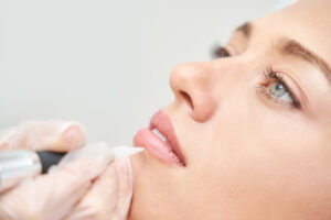 Lip liner application during a professional cosmetic procedure.