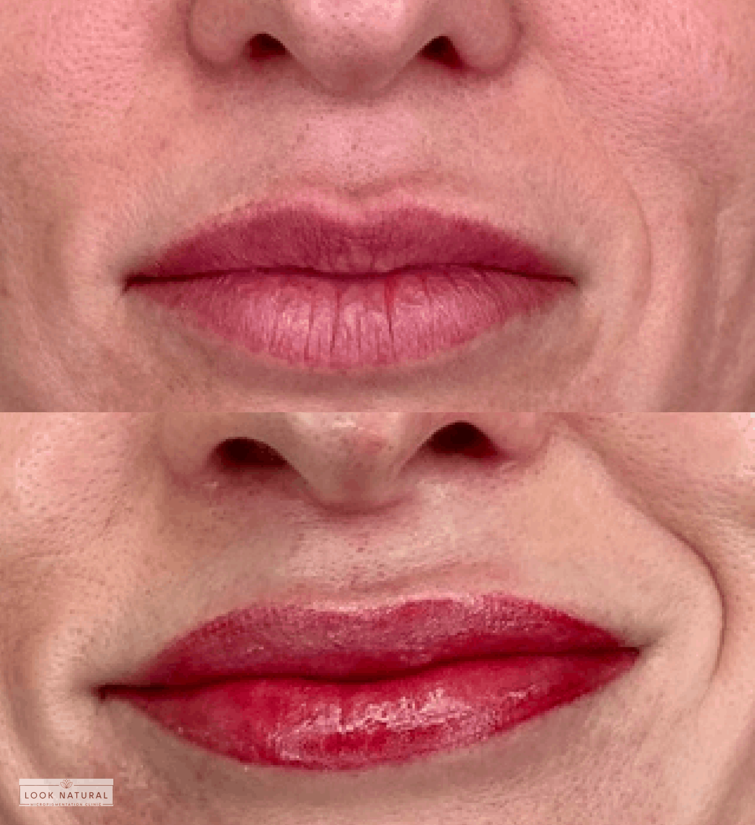 Before and after semi-permanent lip color showing natural enhancement and rich color results.