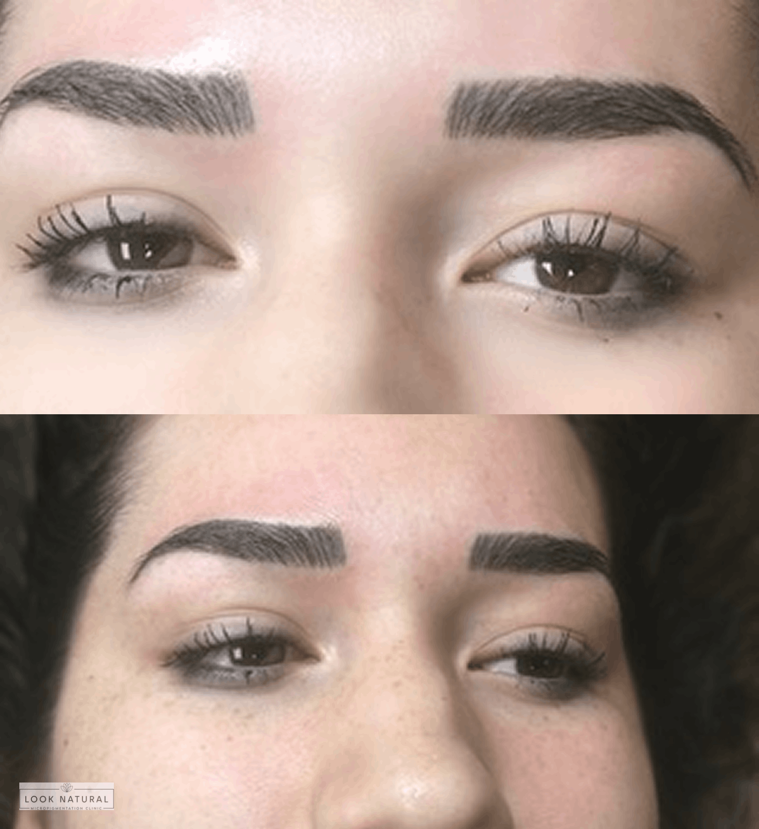 Bold and perfectly shaped eyebrows after microblading treatment.