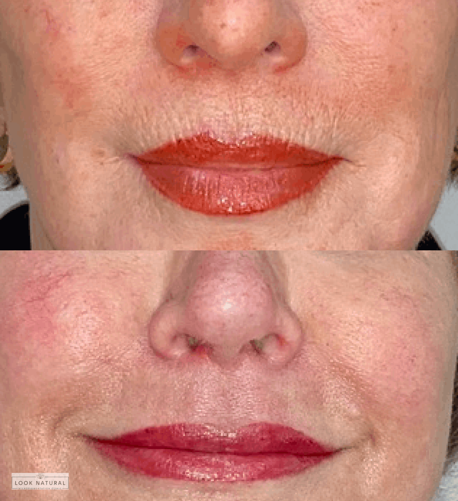 Before and after semi-permanent lip color treatment showing faded lips restored with vibrant, long-lasting color.