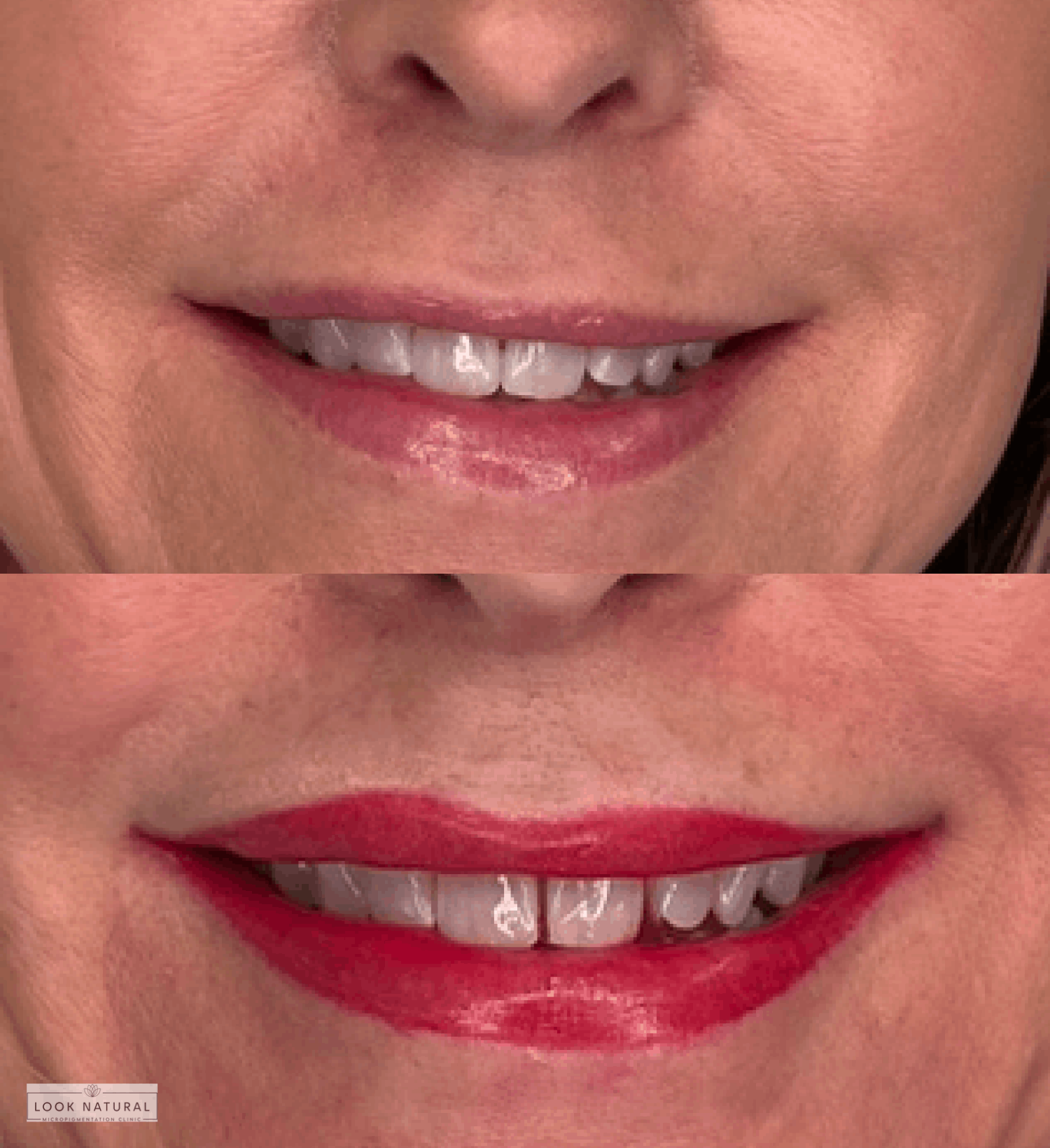 Before and after semi-permanent lip color treatment showing natural pink to bold red lip enhancement.