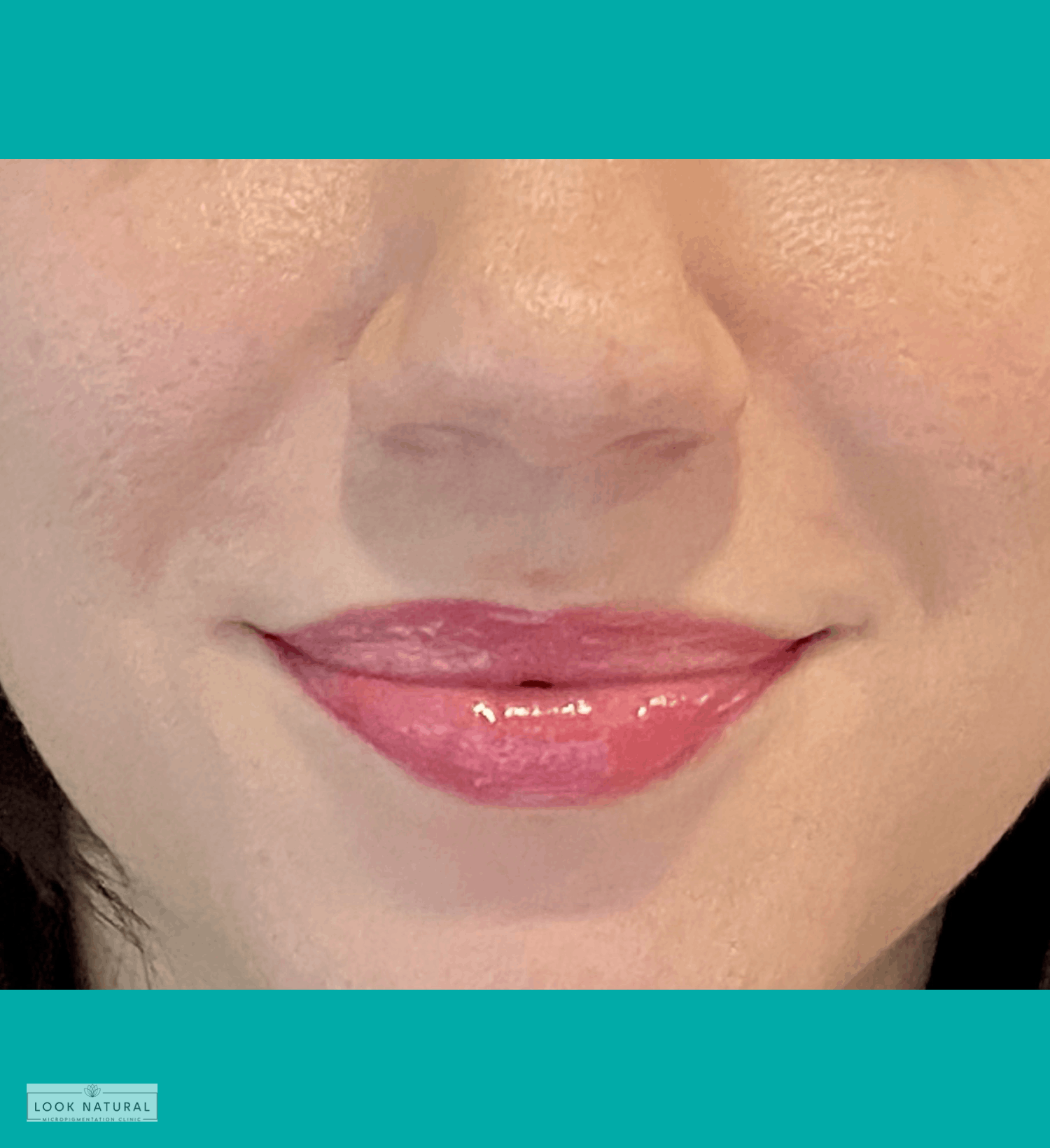 Glossy semi-permanent lip color with soft pink shade on healed lips