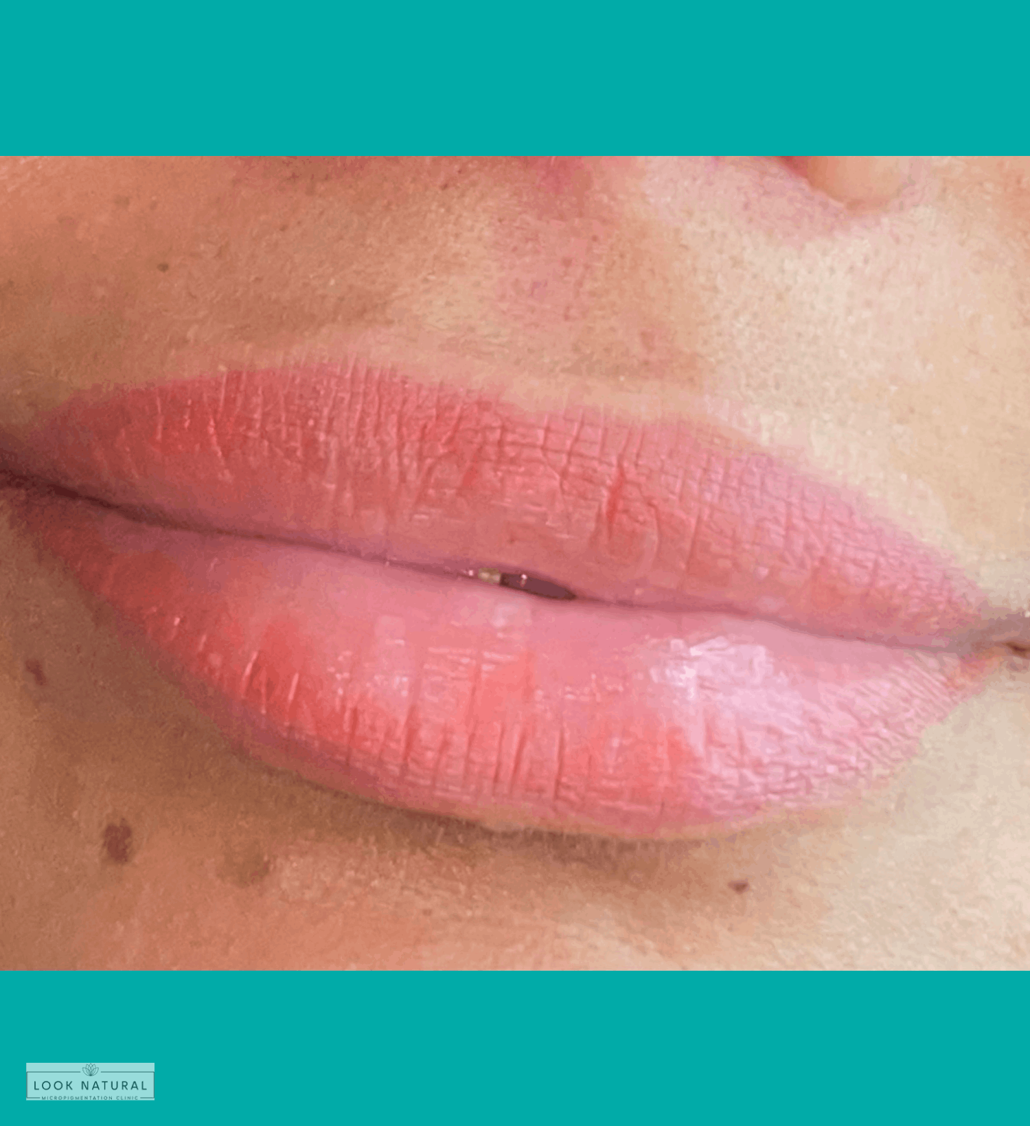 Soft pink semi-permanent lip color result on healed lips