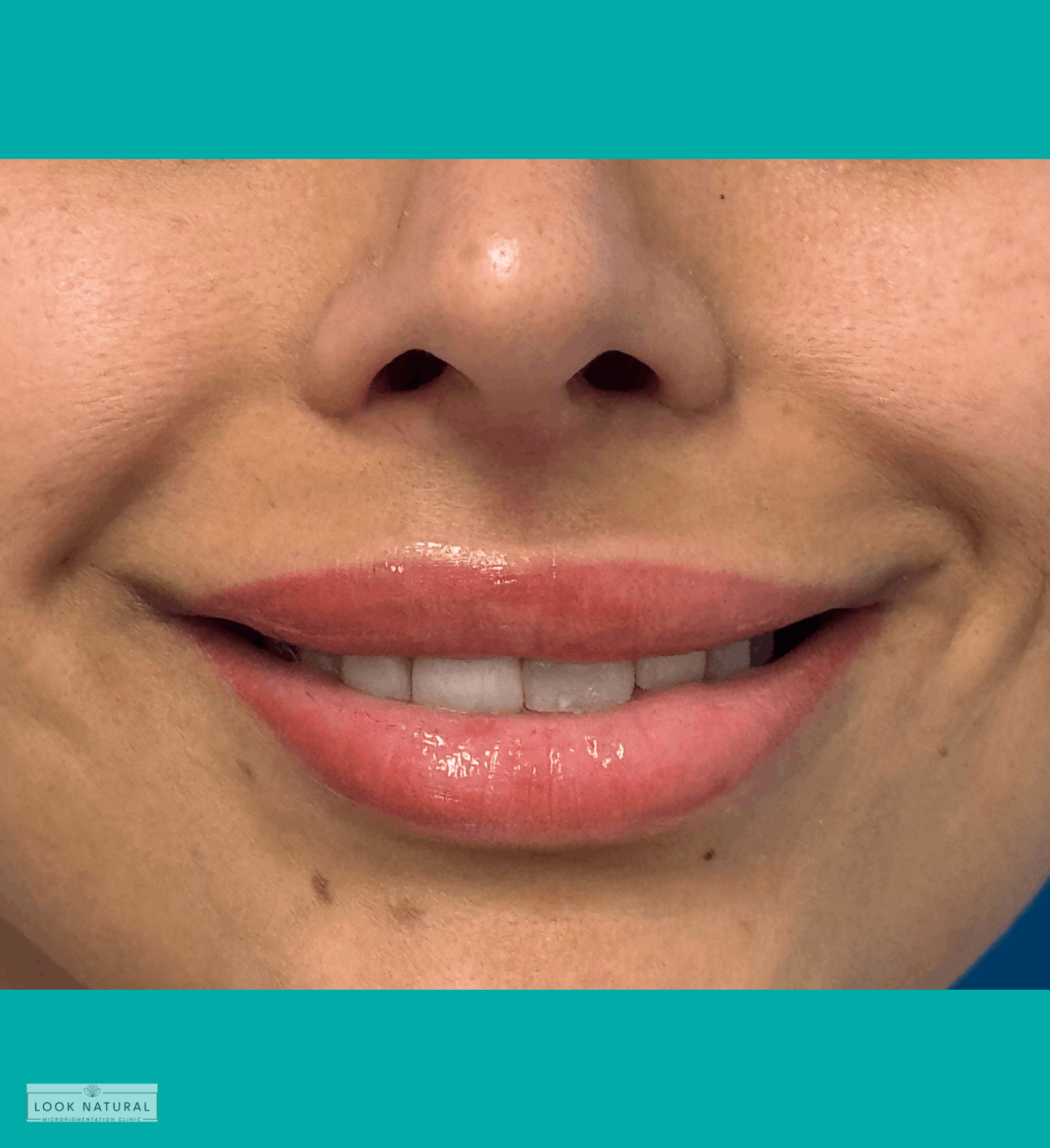 Natural semi-permanent lip color result with soft pink tone