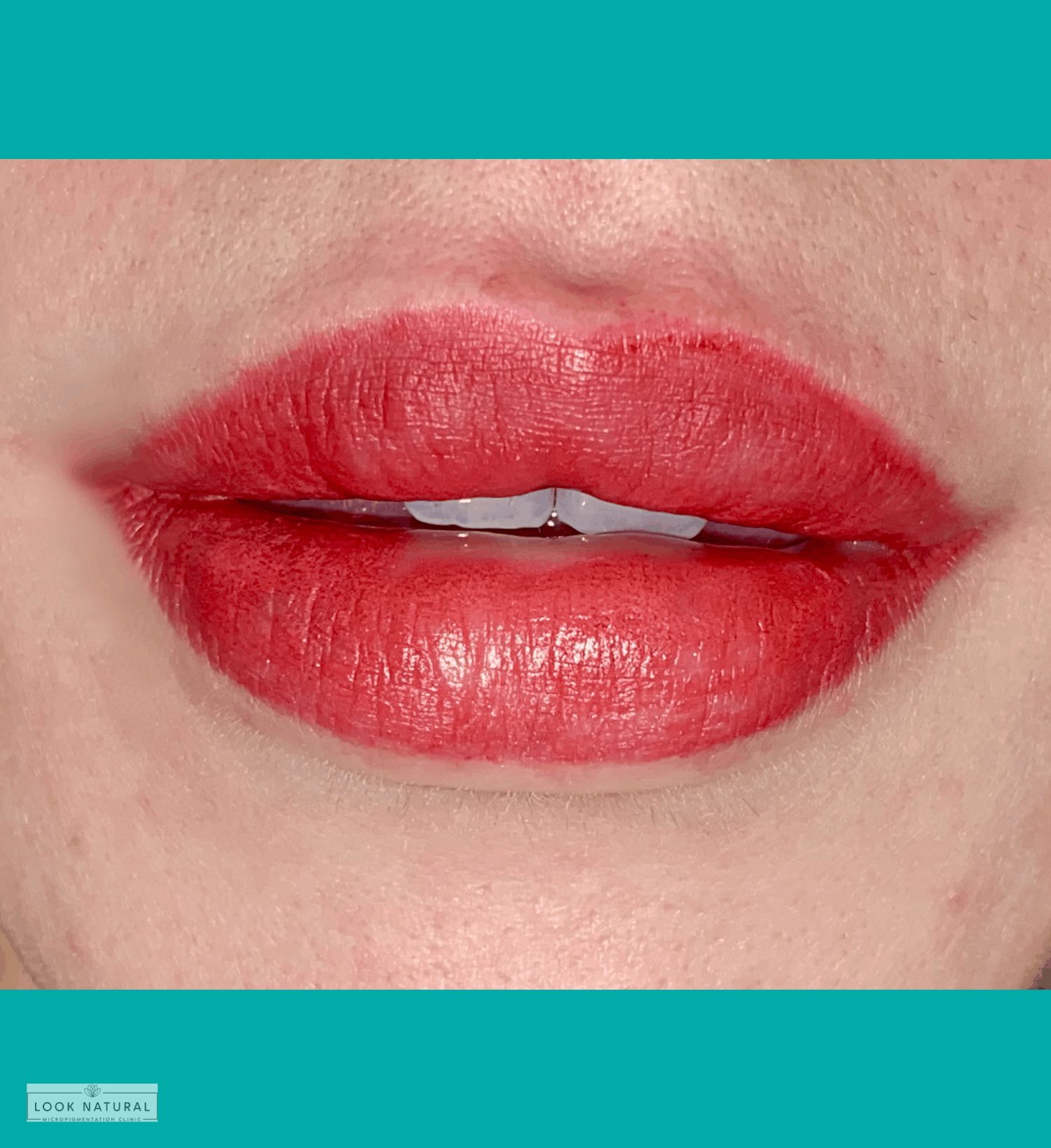Semi-permanent lip color with bright red pigment and defined lip shape
