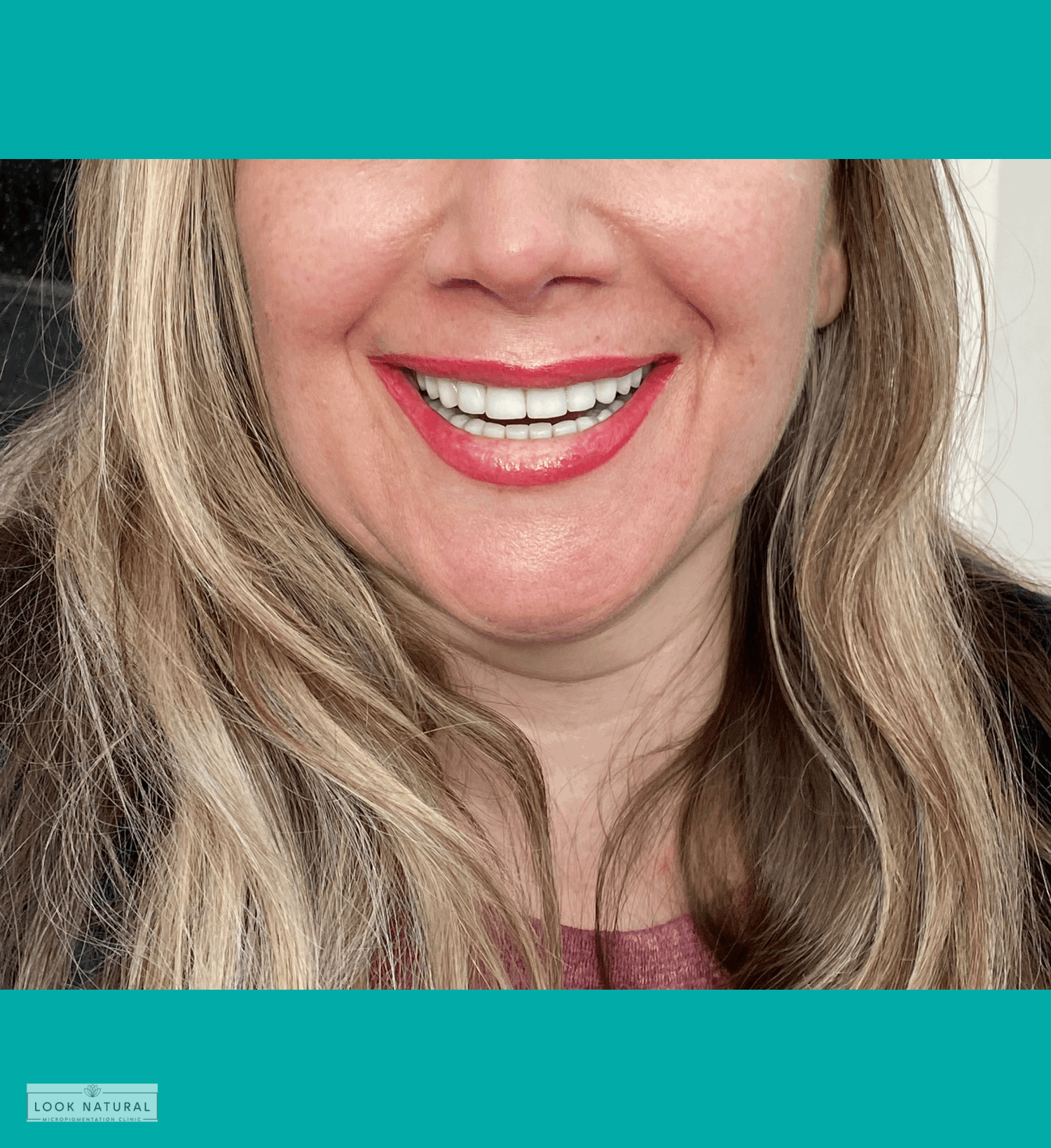Smiling woman after semi-permanent lip color treatment with soft red shade