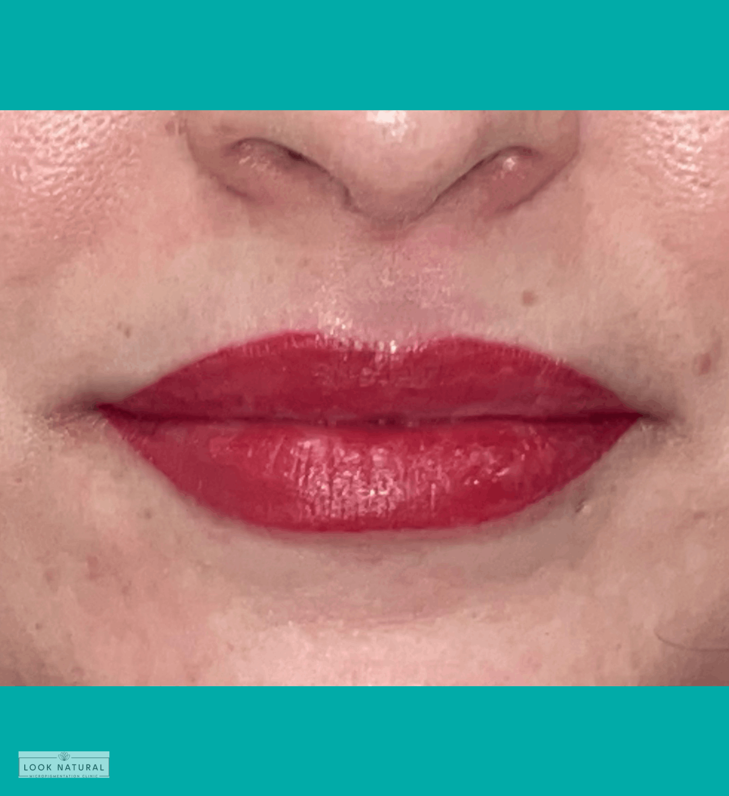 Bright red semi-permanent lip color treatment result