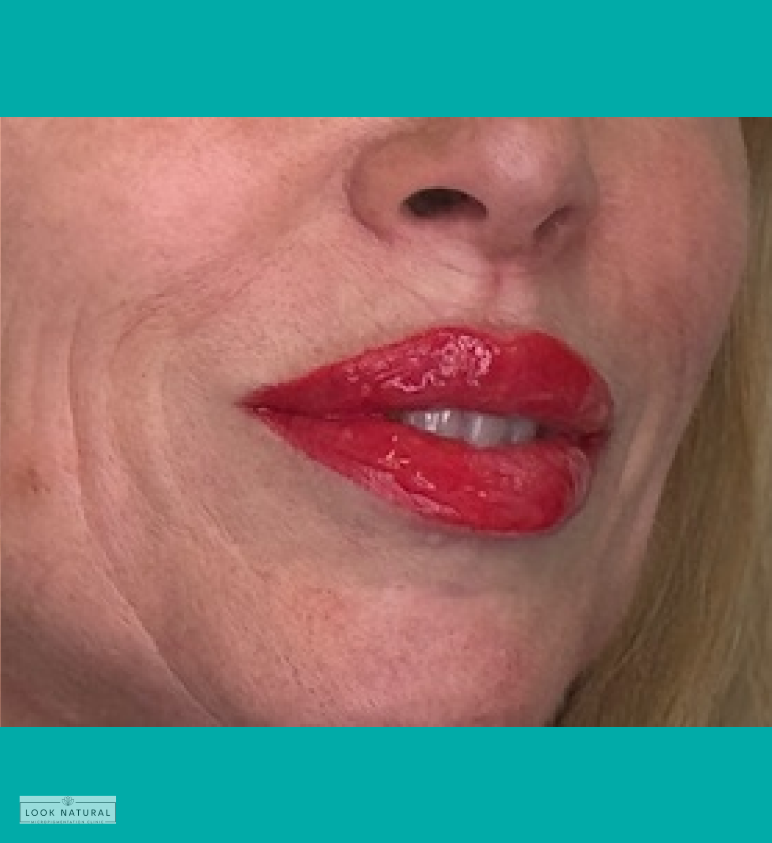 Bright red semi-permanent lip color treatment on mature lips